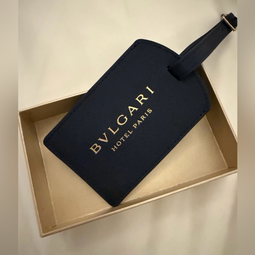 Bulgari Leather Luggage Tag Navy/Gold Nwt Nib Rare Vip